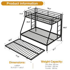 Metal Triple Bunk Bed with Trundle – Twin Over Full, Space-Saving Steel Frame