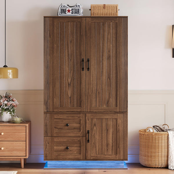 Farmhouse Wardrobe Closet with LED Lights & Hanging Rod