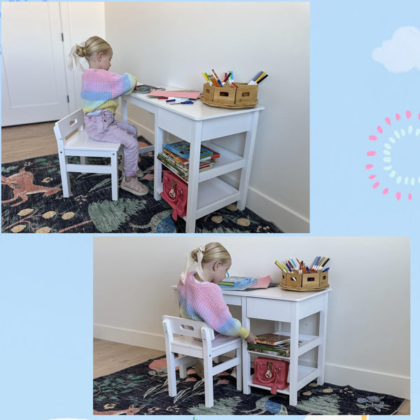 Kids Desk & Chair Set – Wooden Study Table with Drawer & Shelves, Ages 3–8
