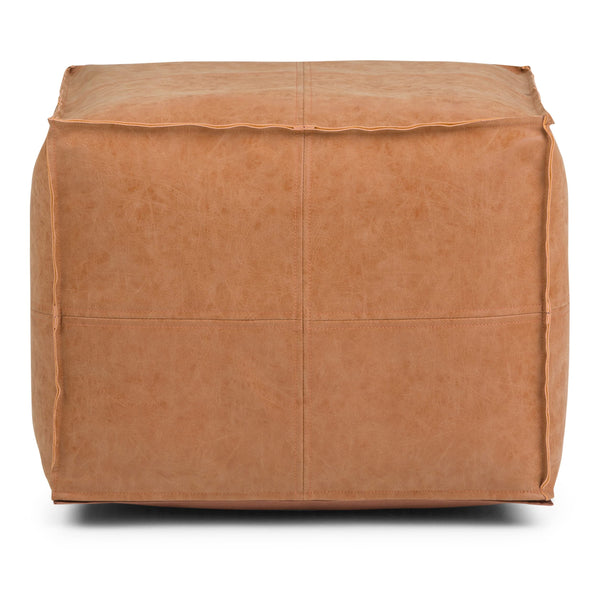 Square Pouf Ottoman – 18" x 14" Vegan Leather, Distressed Brown