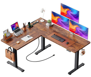 L-Shaped Electric Standing Desk with Power Outlets – 63 x 55 Inch Height Adjustable Corner Desk