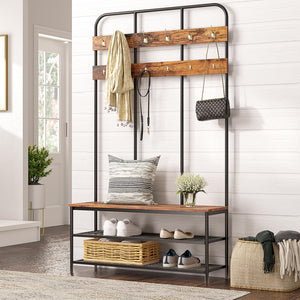 Industrial Hall Tree with Bench, 12 Hooks & Shoe Storage – 39.4"L x 14"W x 71.7"H