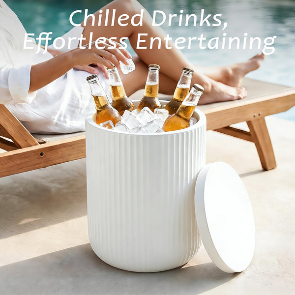 Outdoor Cooler Side Table with Lid — Double-Walled Ice Bucket, All-Weather Patio