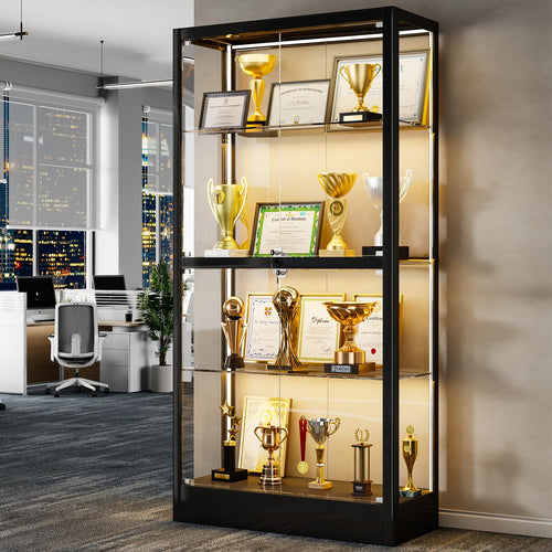 4-Tier Glass Display Cabinet with LED Lights & Lock