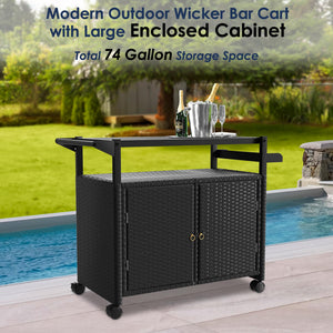 Outdoor Wicker Bar Cart with Cabinet & Tempered Glass Top