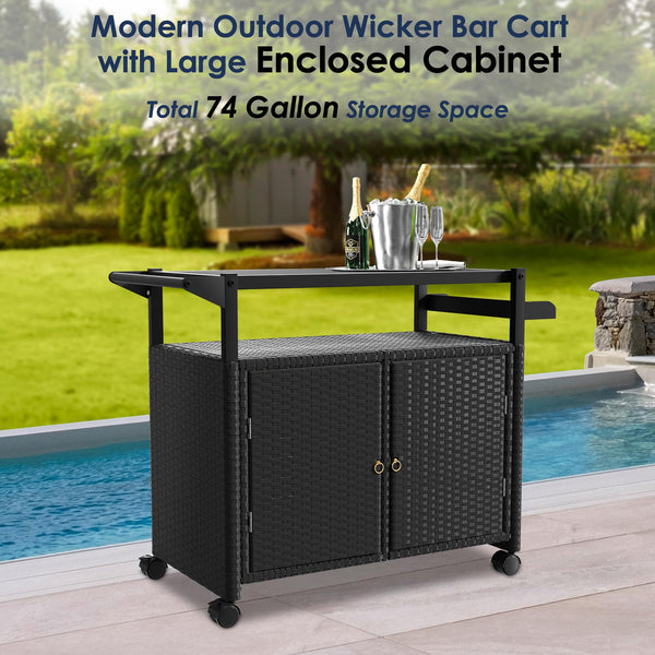 Outdoor Wicker Bar Cart with Cabinet & Tempered Glass Top