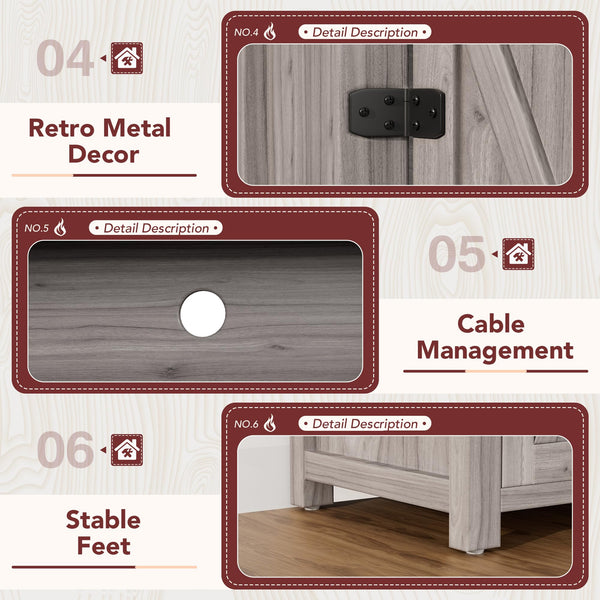 Fireplace TV Stand with Storage & Barn Doors – Grey