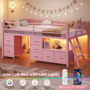 Low Loft Bed Twin Size with Storage Drawers, Bookcase and LED Lights
