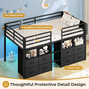 Twin Kids Loft Bed with Storage Drawers, Bookcase & LED Lights