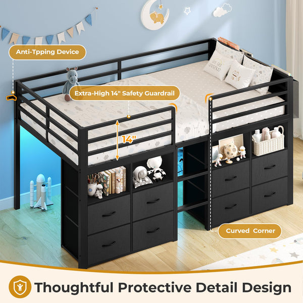 Twin Kids Loft Bed with Storage Drawers, Bookcase & LED Lights