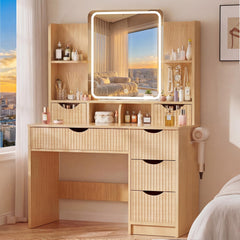 Fluted Vanity Desk with LED Mirror & 6 Drawers