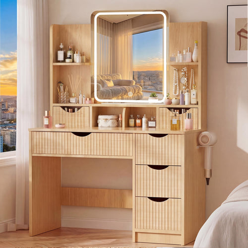 Fluted Vanity Desk with LED Mirror & 6 Drawers
