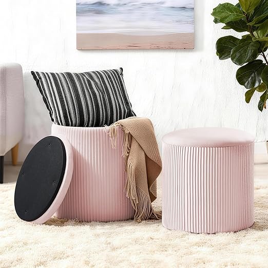 Set of 2 Round Velvet Storage Ottomans with Lid – Stackable Footstool Pouf Set