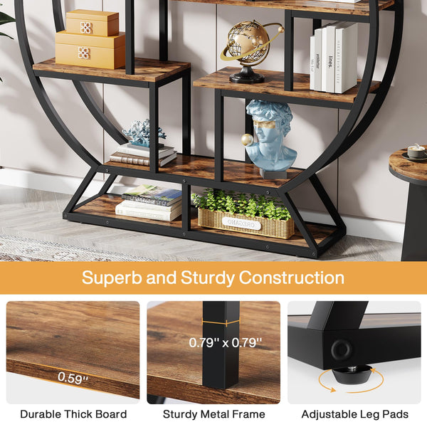 Round Etagere Bookcase with Staggered Shelves, 63" Industrial Bookshelf