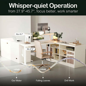 L-Shaped Electric Standing Desk with Storage & Charging Station