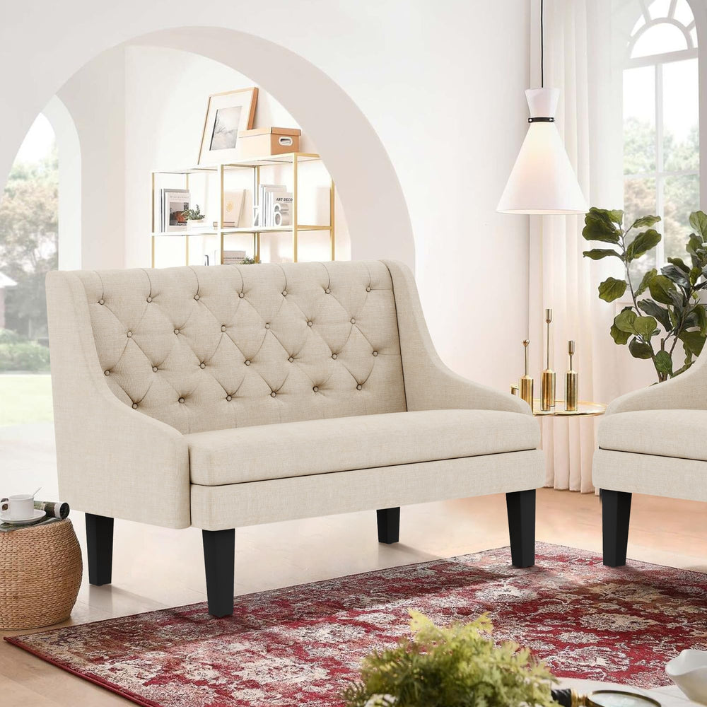 Mid-Century Modern Settee Bench with Tufted Back & Wood Legs