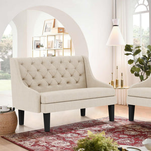 Mid-Century Modern Settee Bench with Tufted Back & Wood Legs
