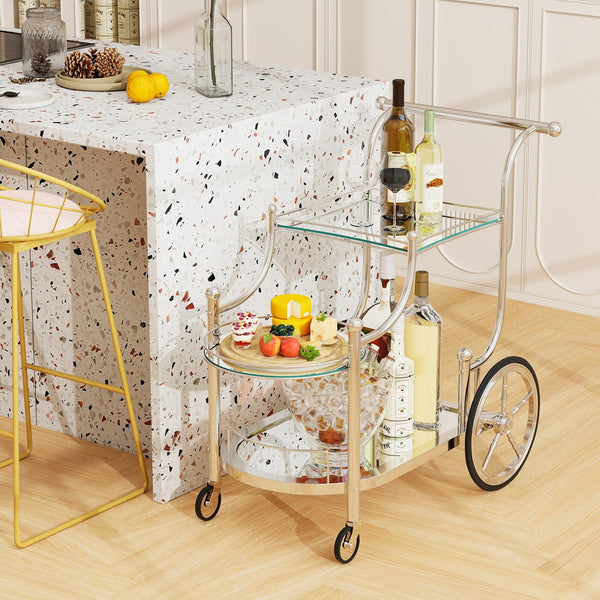3-Tier Rolling Bar Serving Cart with Glass Shelves