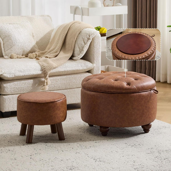 Round Storage Ottoman Set of 2 with Removable Lid & Small Stool