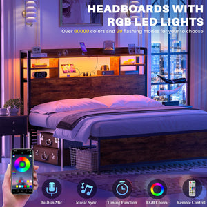 Storage Headboard with LED Light, Power Outlets & USB Ports
