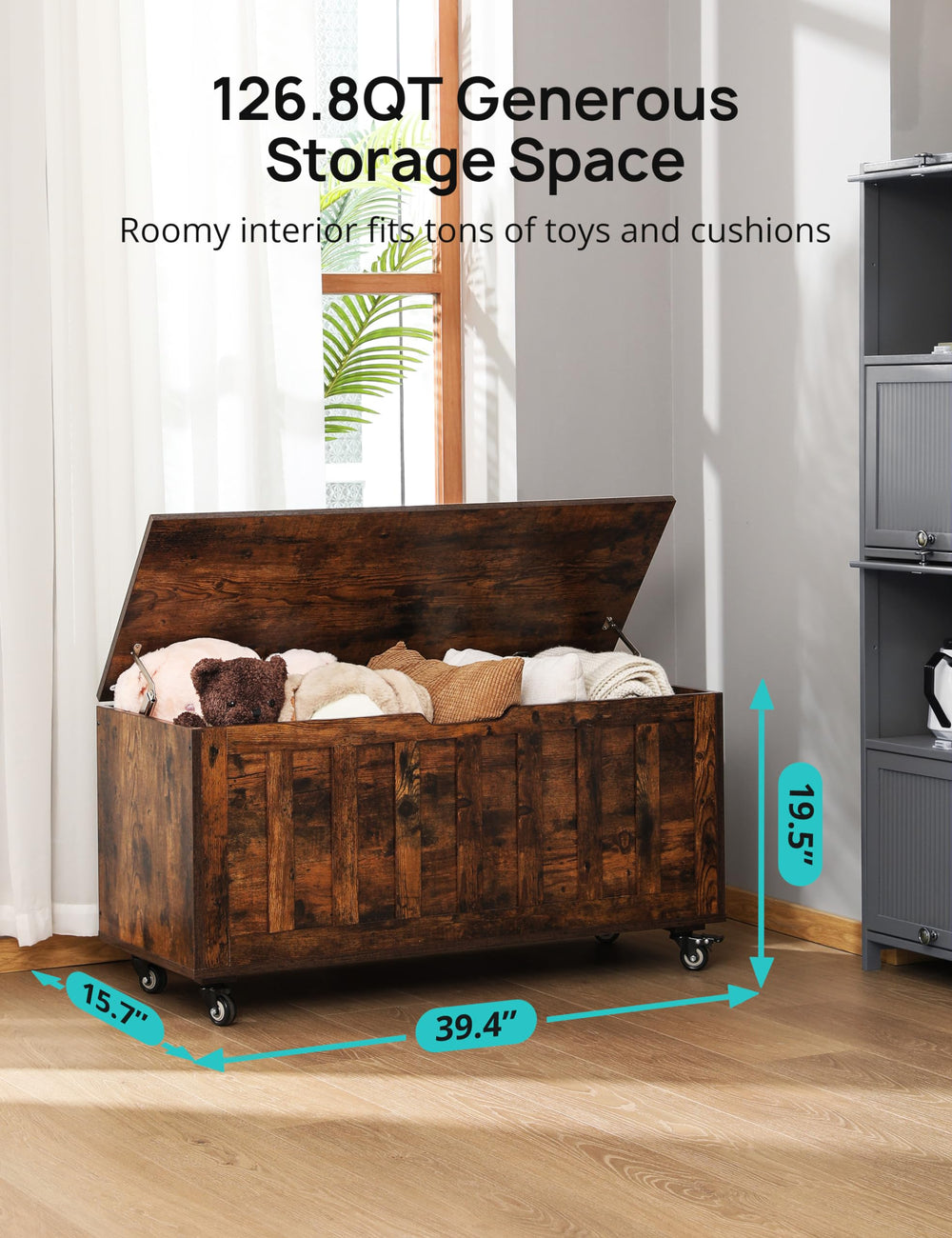 Wooden Storage Bench with Wheels & Safety Hinges