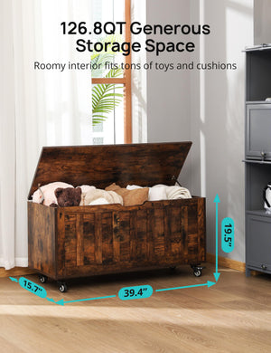 Wooden Storage Bench with Wheels & Safety Hinges