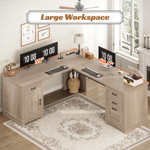 L-Shaped Executive Desk with Drawers & Power Outlet