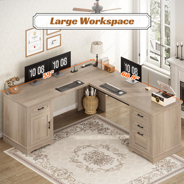 L-Shaped Executive Desk with Drawers & Power Outlet