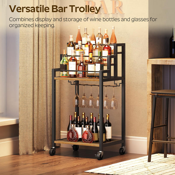 YATINEY Bar Cart, 3 Tier Home Bar Serving Cart with Wine Rack, Small Bar Cart with Wheels, Modern Rolling Beverage Cart, for Home Kitchen Small Spaces, Rustic Brown BC08BR