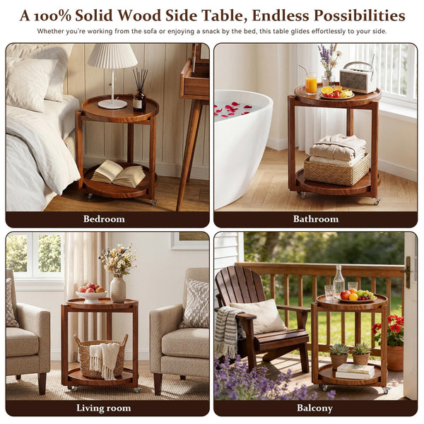 Round Side Table with Wheels & Storage Shelf