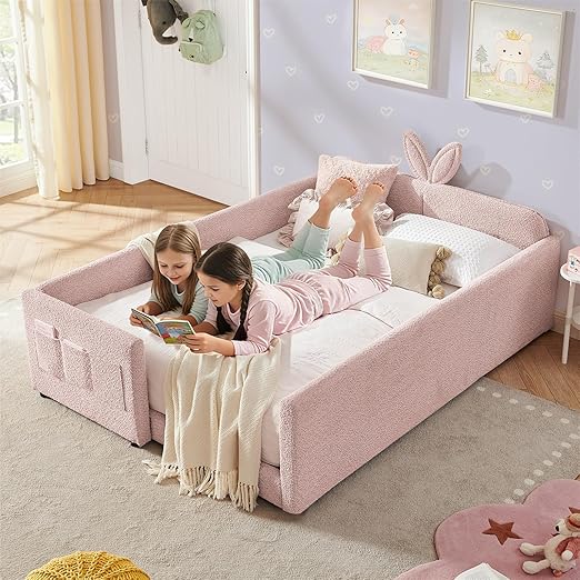 Kids Upholstered Twin Daybed Frame with Bunny Ear Headboard