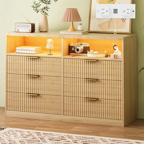 Wooden Dresser TV Stand with LED Lighting & Charging Station