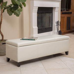 PU Leather Storage Ottoman Bench with Wood Frame, Ivory