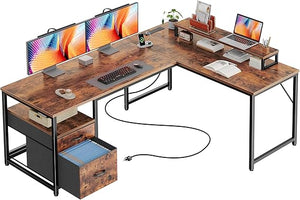 L-Shaped Desk with Power Outlets, USB-C & Storage Drawers