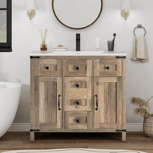 Farmhouse Bathroom Vanity with Sink – Rustic Brown Cabinet, Ceramic Undermount Sink, Faucet & Drain