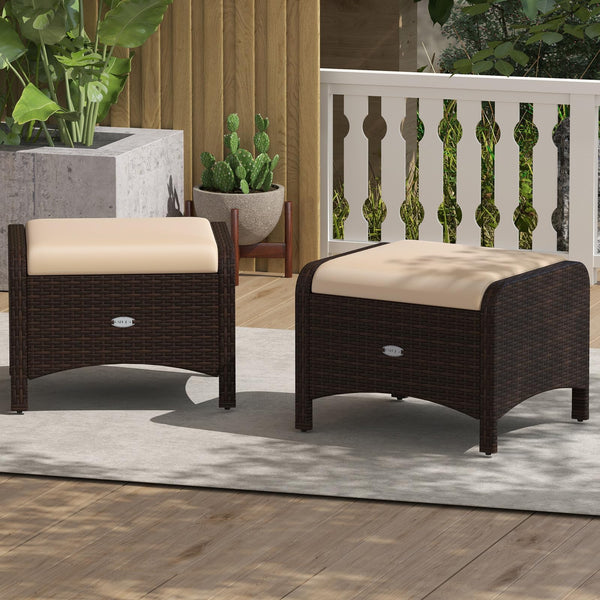 Outdoor PE Rattan Ottoman Set of 2 with Removable Cushions