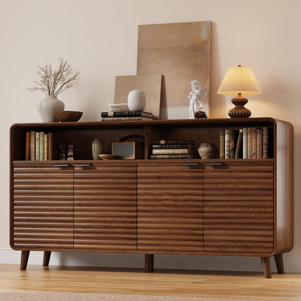 61" Sideboard Buffet Cabinet with Open Storage & 4 Doors – Walnut