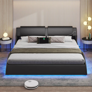 California King LED Bed Frame with USB Ports | Faux Leather Low Profile Platform Bed