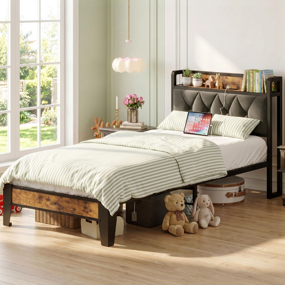 Twin Size Upholstered Bed Frame with Storage & Power Outlets
