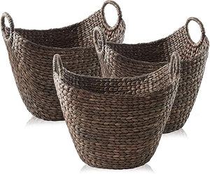 Set of 3 Woven Water Hyacinth Storage Baskets with Handles
