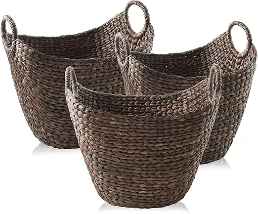 Set of 3 Woven Water Hyacinth Storage Baskets with Handles