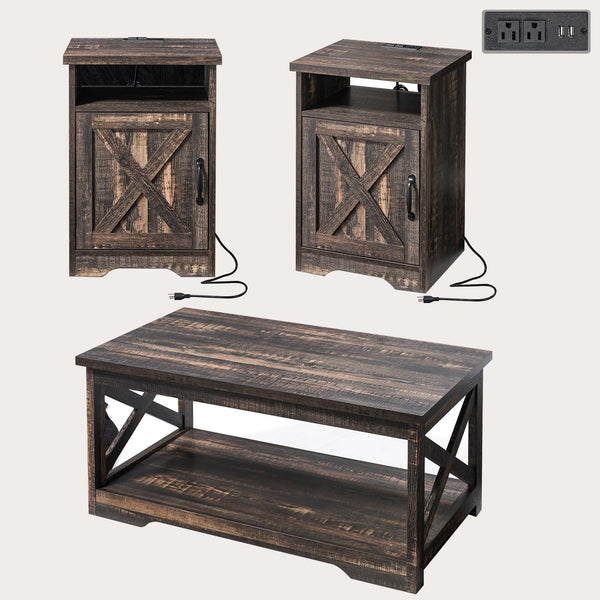 3-Piece Farmhouse Table Set with Charging Station & USB Ports
