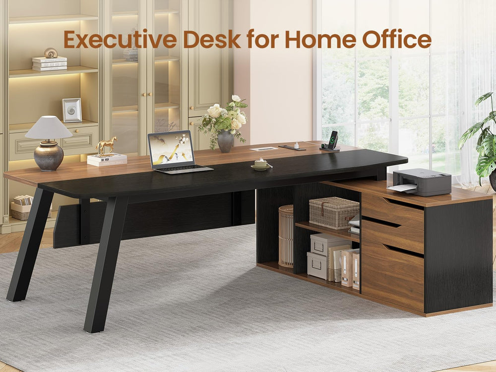 L-Shaped Executive Desk with File Cabinet & Power Outlets