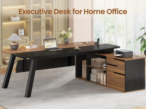 L-Shaped Executive Desk with File Cabinet & Power Outlets
