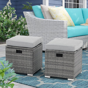 Outdoor Storage Ottoman Set of 2 – PE Rattan Wicker with Cushion