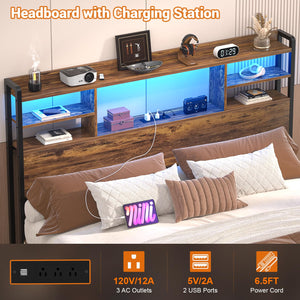 Storage Headboard with LED Light, Power Outlets & USB Ports