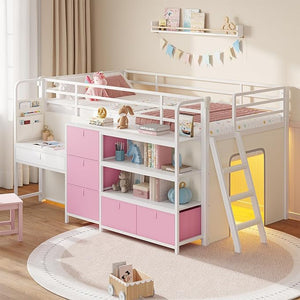 Low Loft Bed with Desk, Storage Drawers & LED Lights – Twin