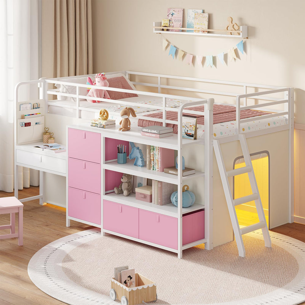 Twin Low Loft Bed with Desk, Storage Drawers, Bookshelf & LED Lights