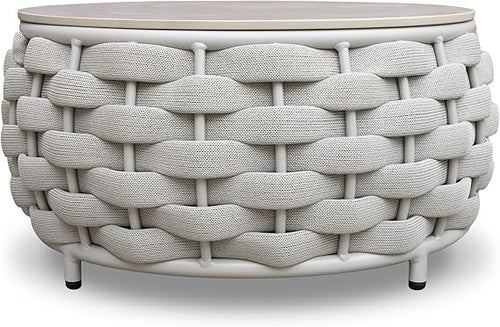 Round Woven Rope Outdoor Coffee Table with Sintered Stone Top