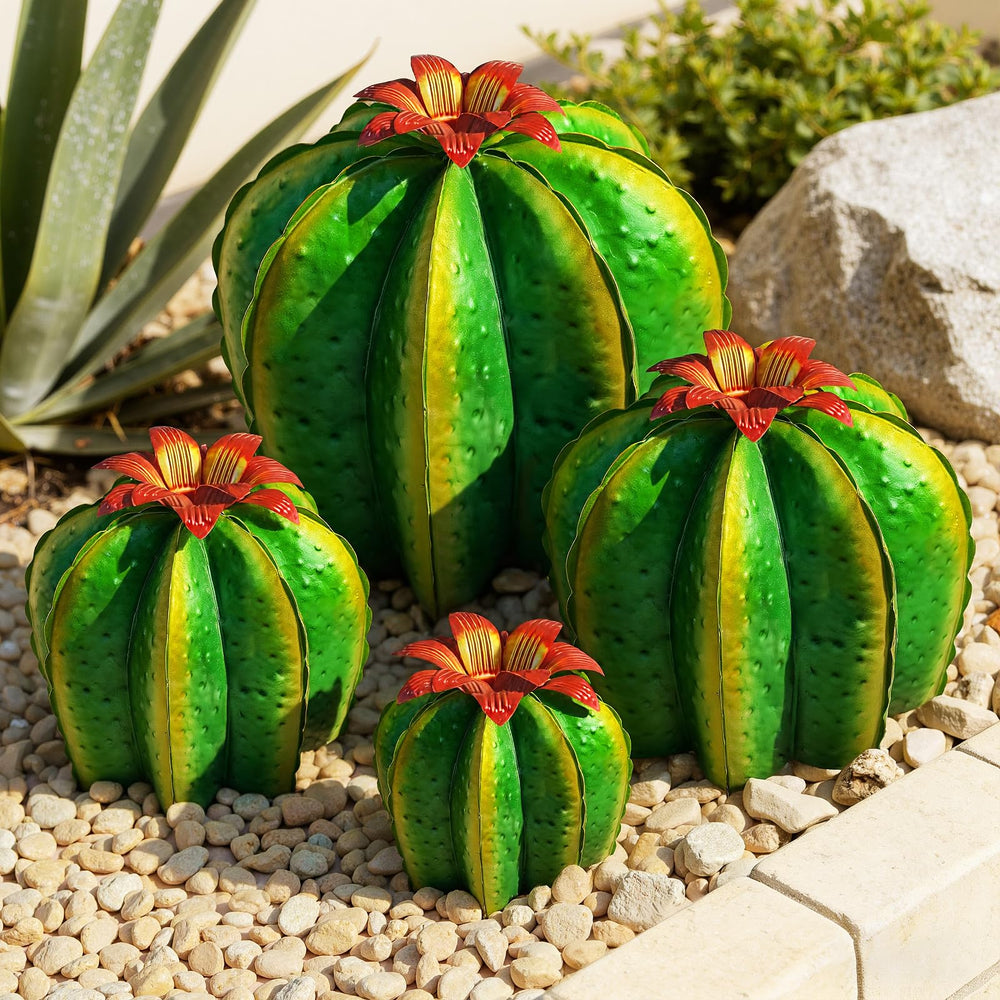 Metal Barrel Cactus Garden Sculptures 4-Pack